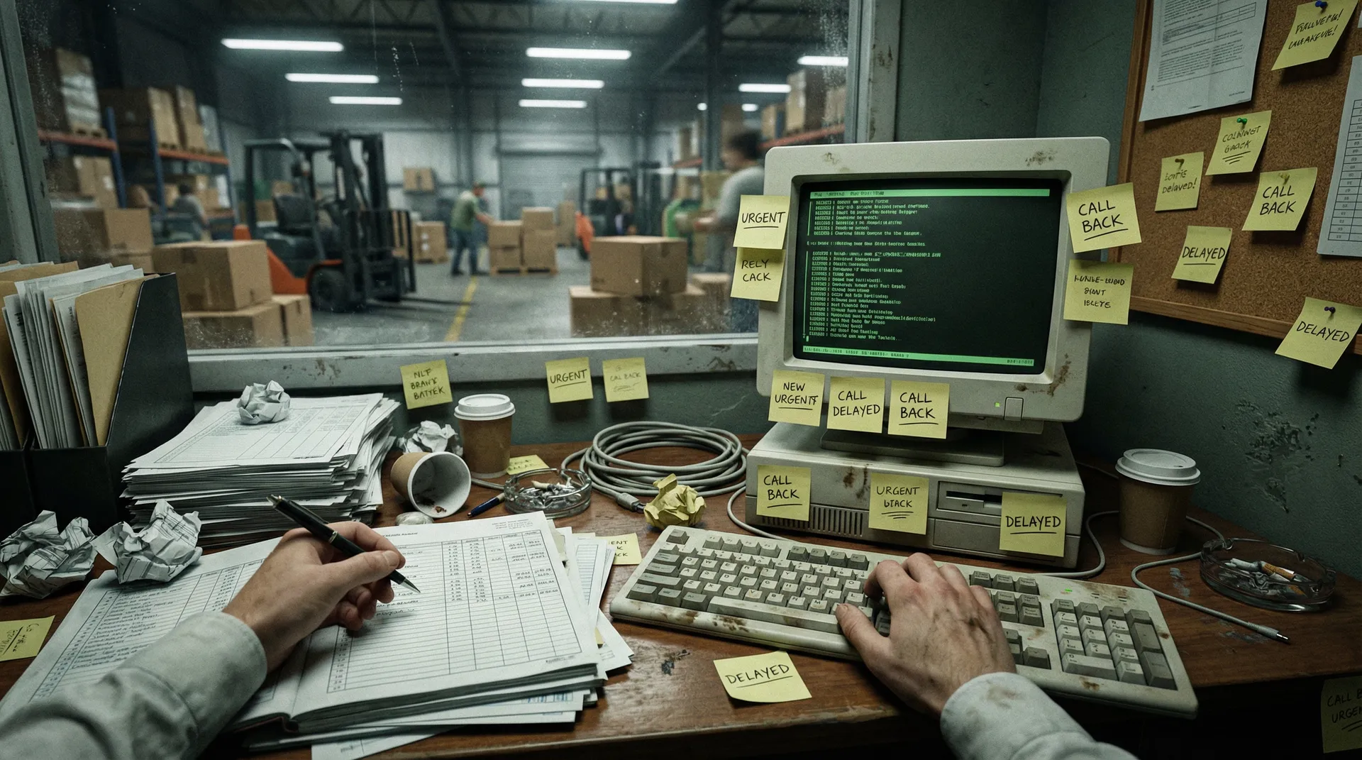 A cluttered warehouse office filled with disconnected notes, paperwork, and legacy systems